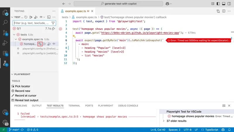 fix with ai in vs code test explorer