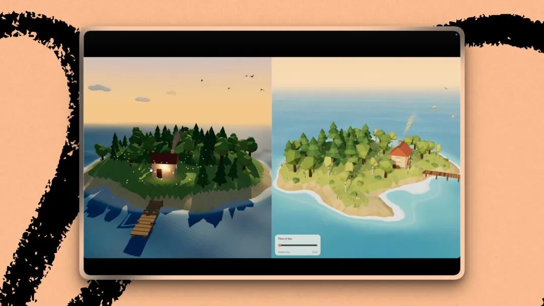 Cozy Island基准测试对比：左为Fable 5.1，右为Opus 5.5