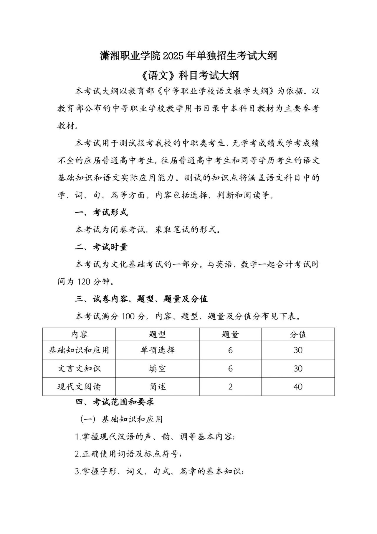 潇湘职业学院2025年单独招生考试大纲