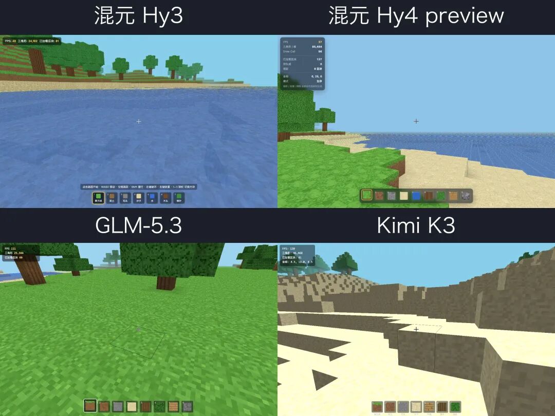 四家体素世界同一时刻的画面
