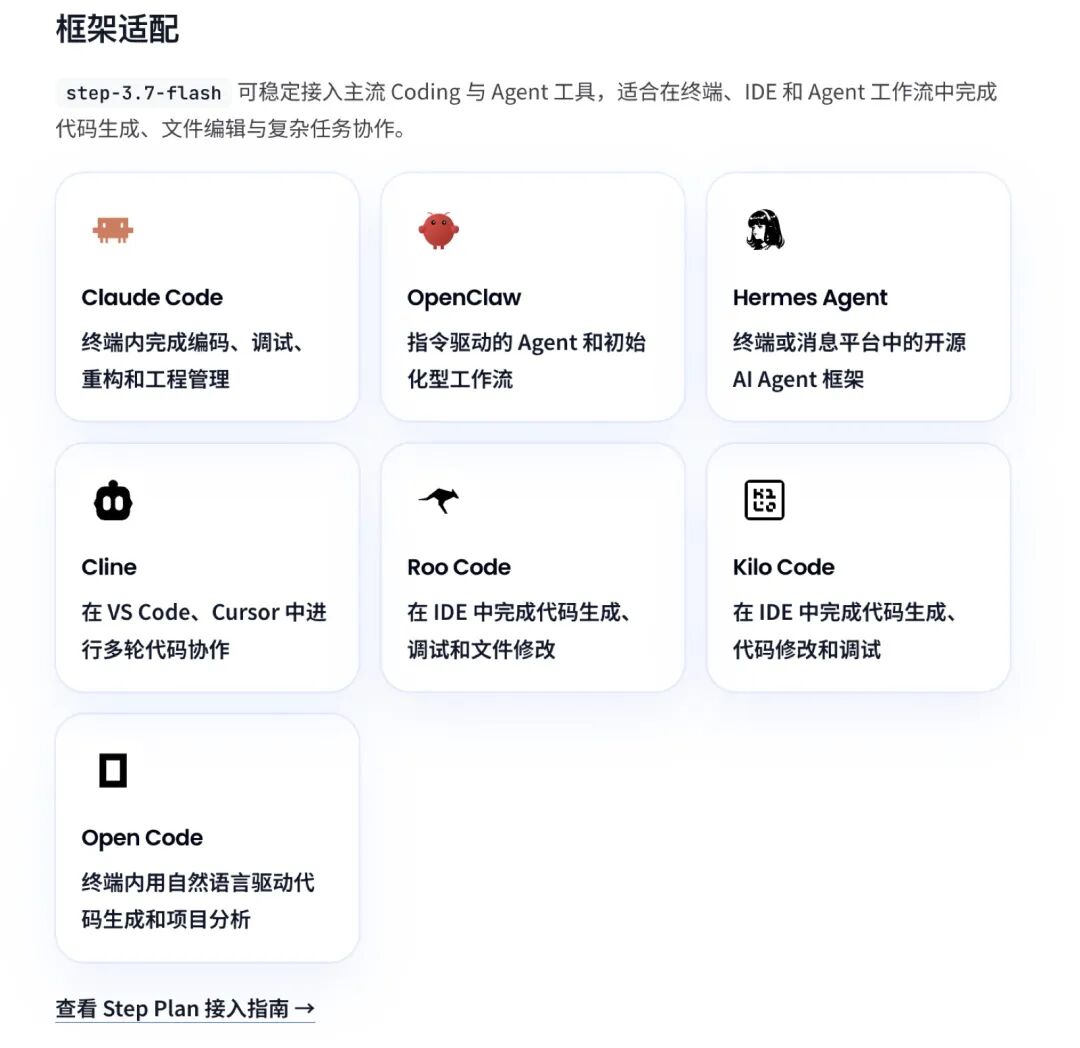 阶跃官方文档列出可直接接入的一排工具