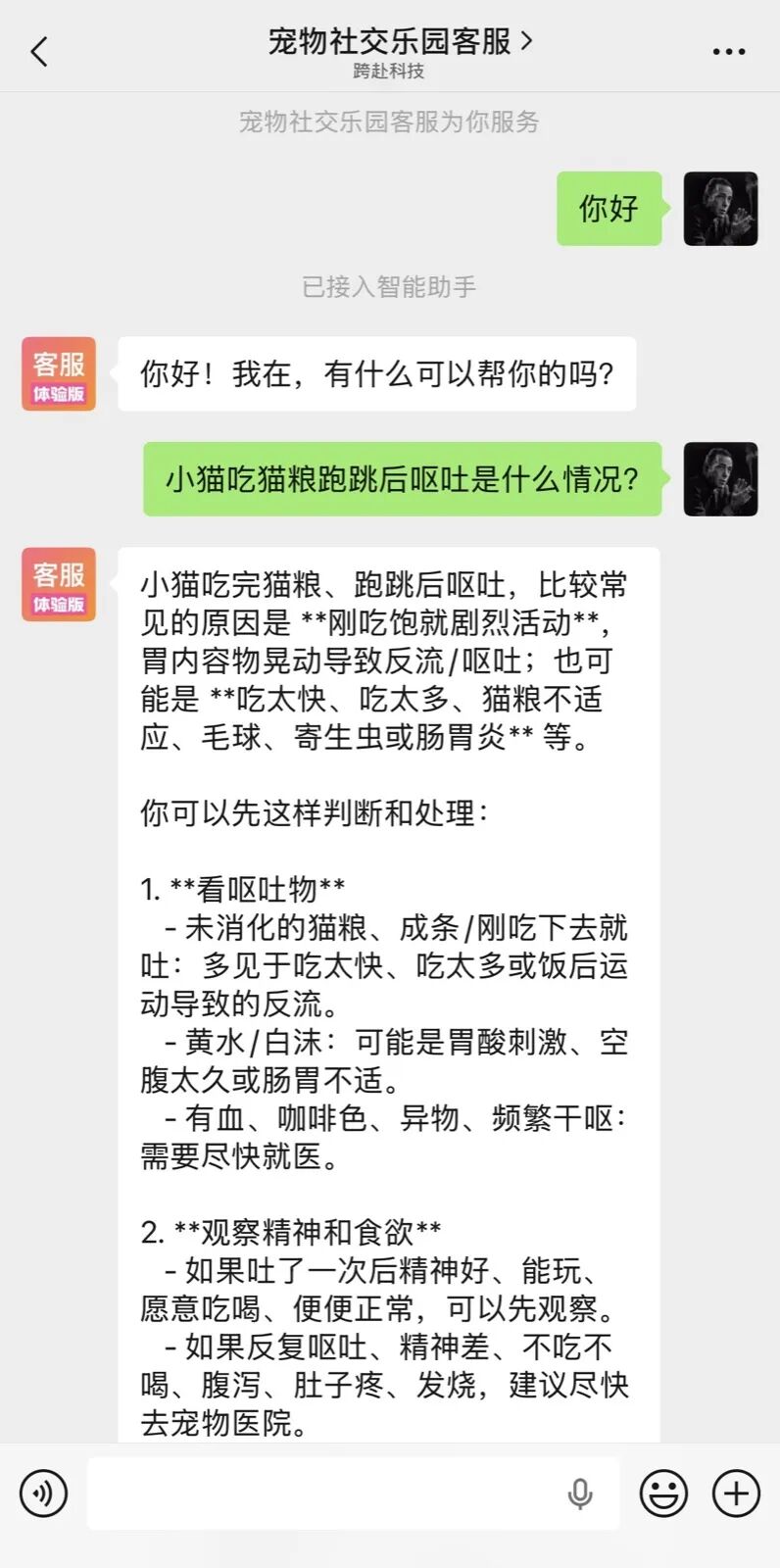 客户在微信里直接和客服对话，自动接入智能助手