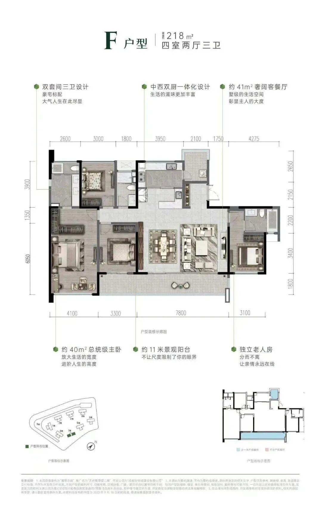 户型面积跨度从108平方米-218平方米覆盖改善和深改客群,143平方米