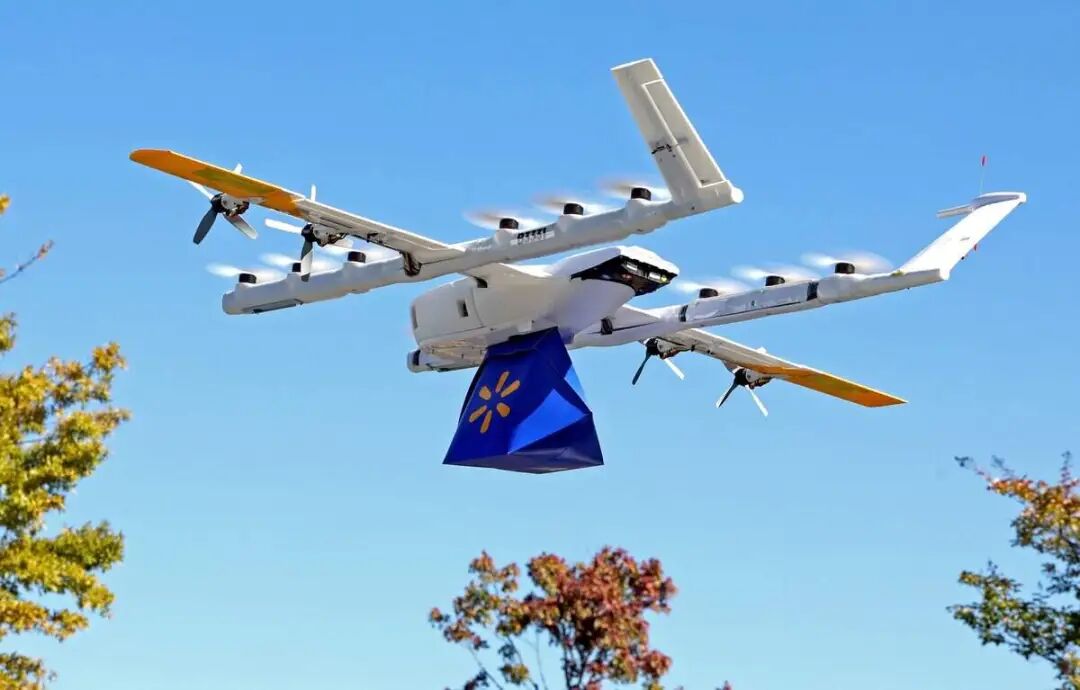 A Wing drone hovers at the Nest (Drone Hub) at the Walmart Supercenter on Galleria Blvd. in Charlotte, NC.