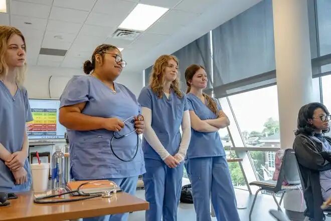 Blue Ridge Community College (BRCC) nursing students learn how to measure blood pressure in June. Propel NC is expected to help community colleges like BRCC expand course offerings to meet the growing demand for healthcare workers across the state.