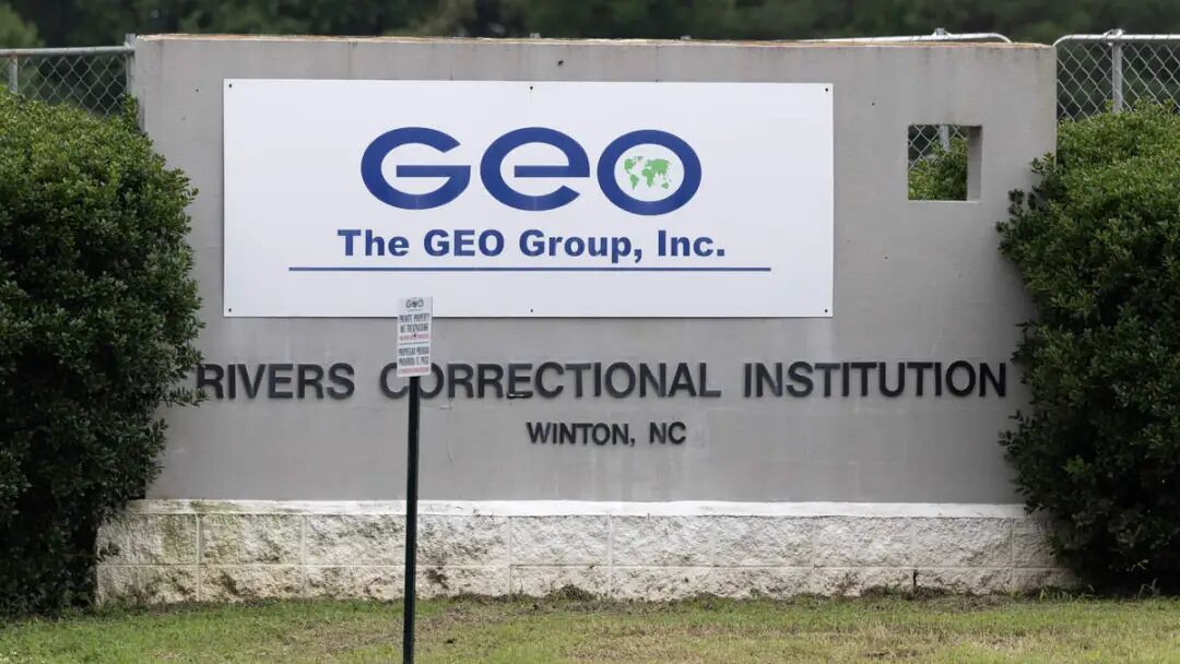 A sign by the main entrance to the Rivers Correctional Institution in Winton, N.C., a shuttered for-profit prison in Hertford County owned by The GEO Group. Immigration and Customs Enforcement will open its first detention center in North Carolina this year.