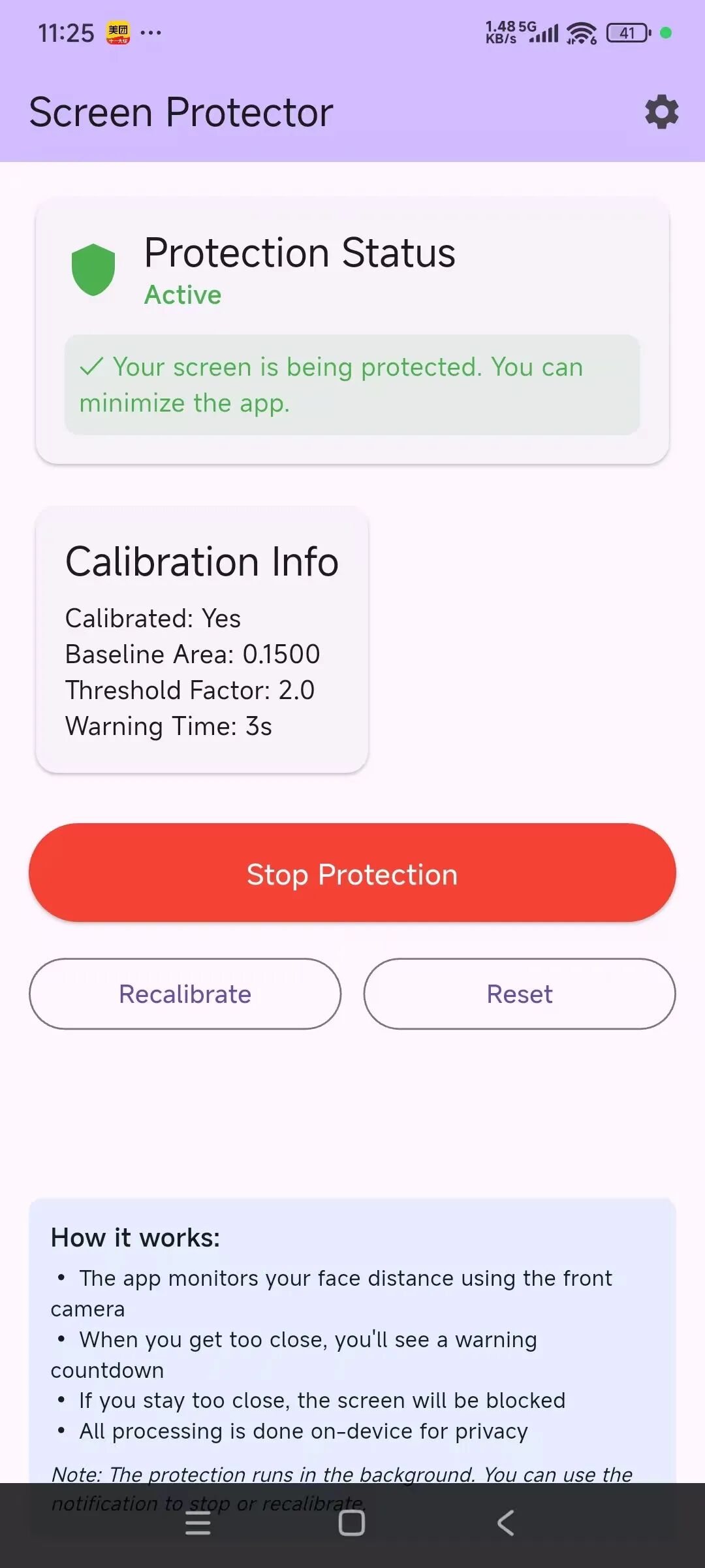 通过设备的前置摄像头来保护用户的眼睛，防止用户距离屏幕过近。