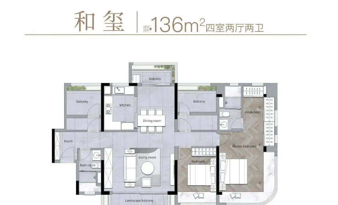 保利花语和岸加推142㎡四房户型，单价5.4万元/㎡起