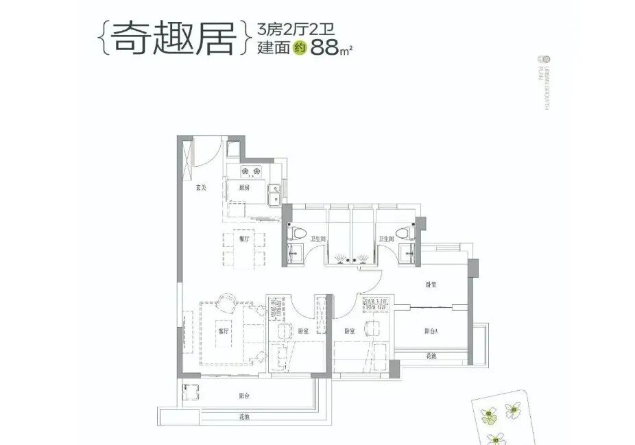 建面约88㎡户型
