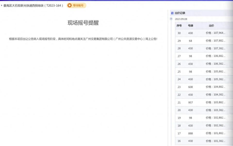 番禺大石新光快速西侧地块封顶摇号，总成交价为107964万元