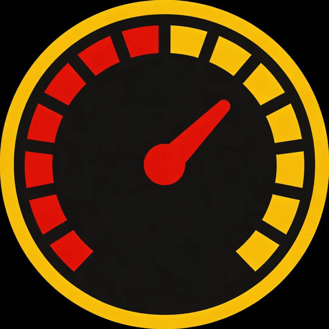 一个现代扁平化风格的警示图标，内容为一个压力表指针超过最大刻度的符号，使用红黄配色，设计简洁有力。