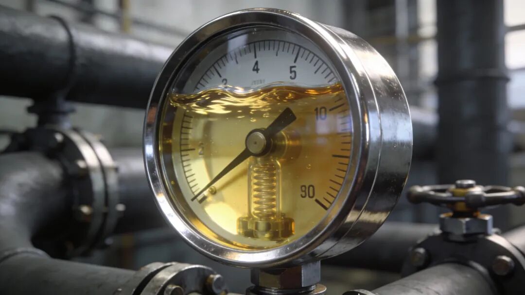 一张充油式不锈钢压力表的3D渲染图，特写表盘内充满透明硅油的阻尼效果，背景是模糊的工业管道环境。