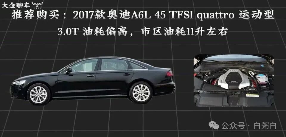 2017款奥迪A6L发动机舱，强调3.0T油耗和保养费用。