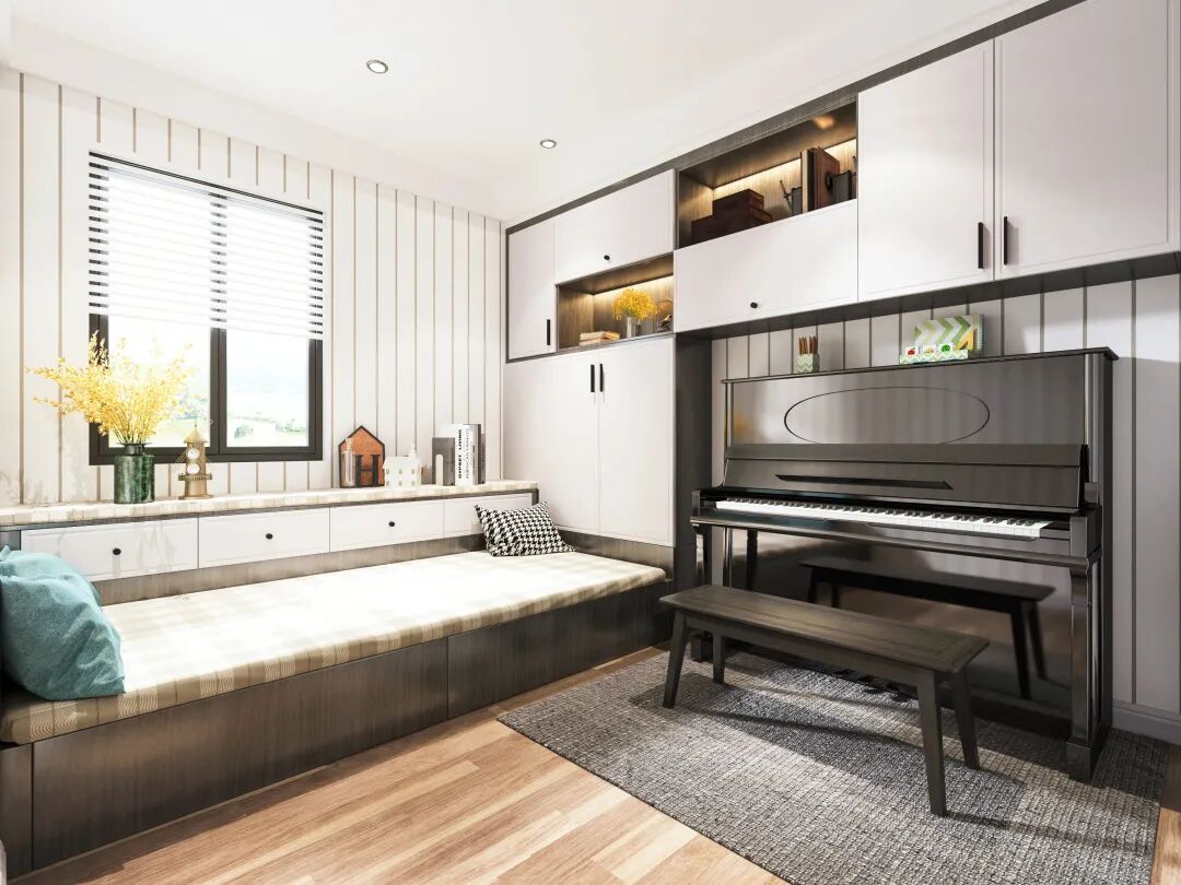 在定制柜下方特意预留了放置钢琴的位置,嵌入式设计也不会占用过多的