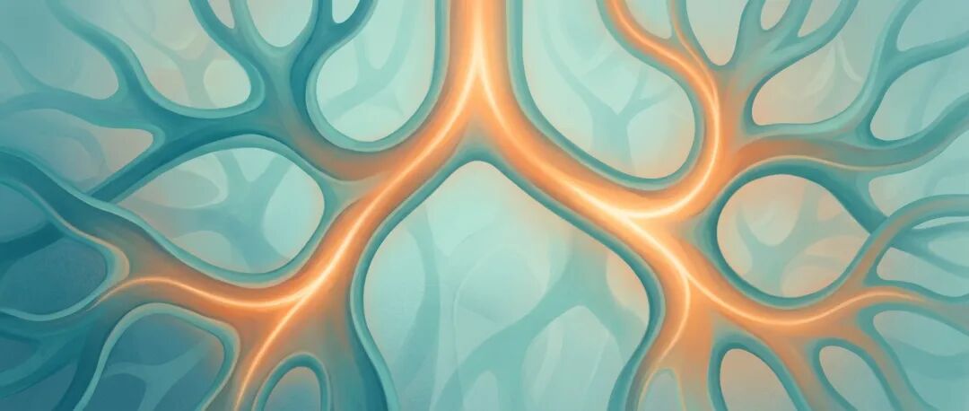 温暖的医学插画，发光的光点在形似肺部气道的柔和迷宫中穿行，象征科技带来希望