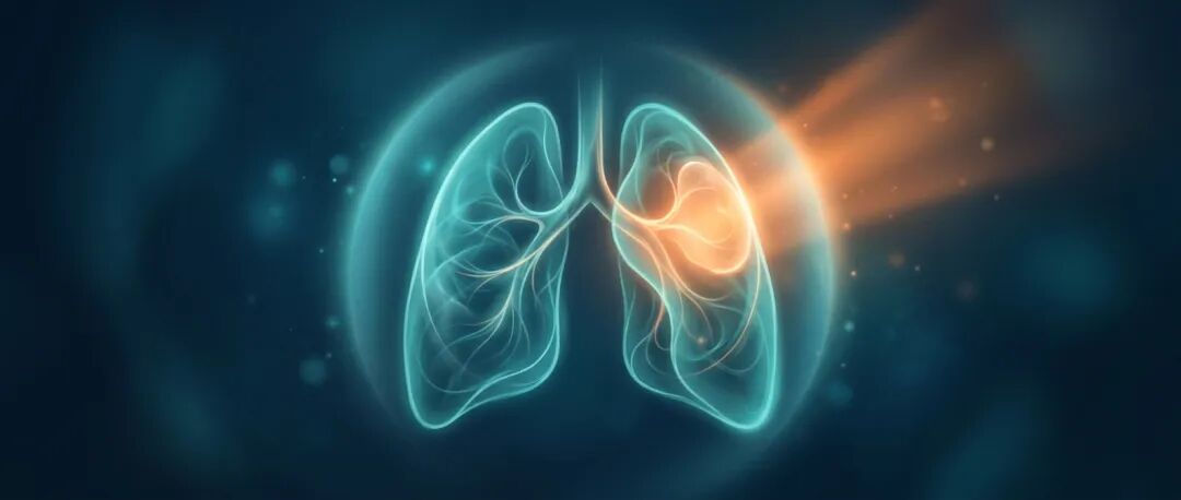 温暖色调的抽象肺部光影插画，传递精准治疗与希望