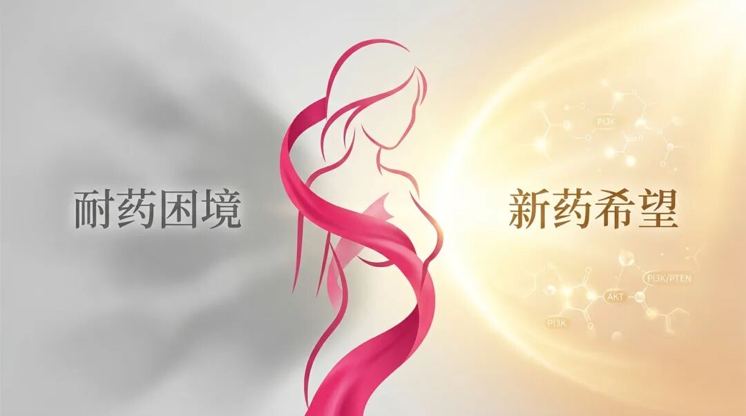 一张充满希望的医学插画：画面左侧是代表HR+/HER2-乳腺癌耐药困境的灰色阴影，右侧则是沐浴在温暖晨光中的玫妍社品牌粉色丝带和抽象女性轮廓，光影中隐约可见PI3K/AKT/PTEN信号通路分子，象征着新药TER-2013带来的曙光与力量。