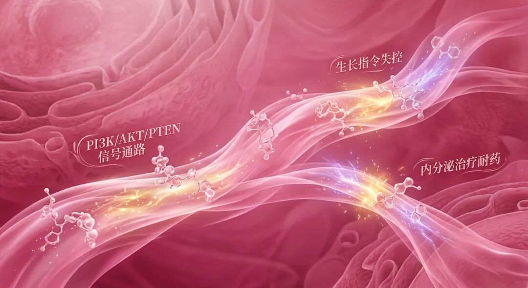 一张温暖且具有科学感的微观医学插画，展示了细胞内失控的PI3K/AKT/PTEN信号通路。粉色的能量轨道上闪烁着代表异常活跃的金色光芒，并标注有‘生长指令失控’和‘耐药’等中文标签，解释了乳腺癌耐药的分子机制。