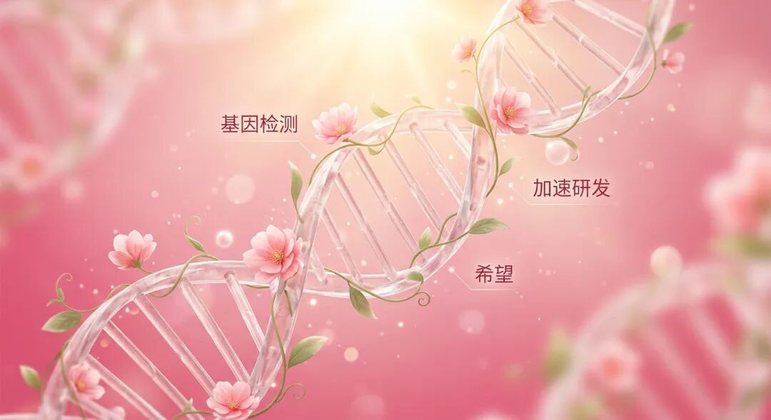 一张充满治愈感的医学插画：抽象的DNA双螺旋结构与绽放的粉色花朵交织，沐浴在品牌粉色（#E91E63）和温暖的金光中。画面上方漂浮着‘基因检测’、‘加速研发’和‘希望’的字样，传达出科学进步带来的温暖陪伴与未来期盼。
