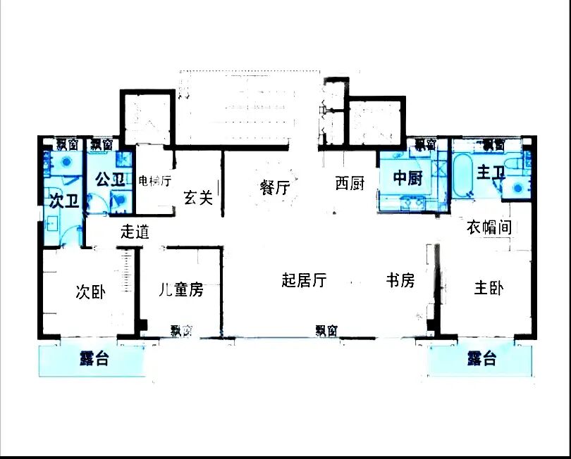 中铁云璟外滩145㎡户型示意图，展示宽厅与飘窗