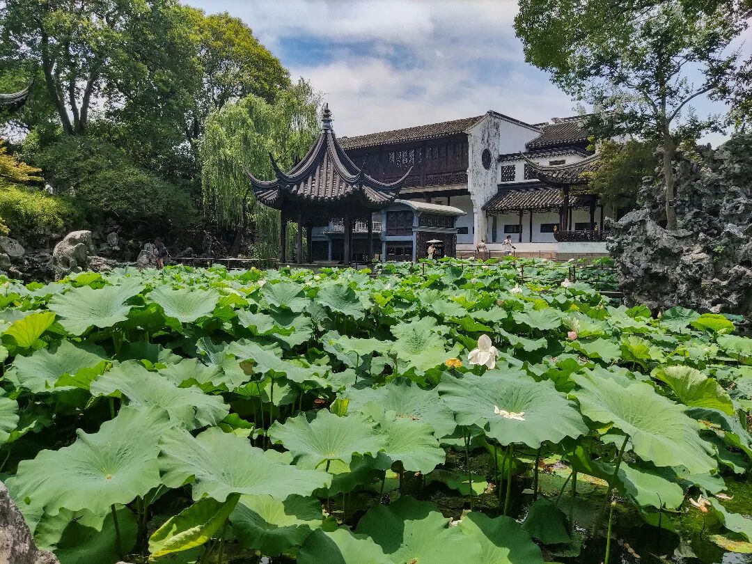 西望是一片水域,水中有湖心亭与石舫,假山奇石,楼台隐现,是山水园林的