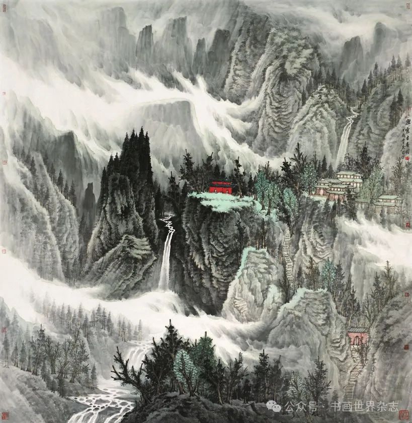 张风塘的山水画崇尚气象和意境营造,以浑为宗,以势夺人,擅全景式构图
