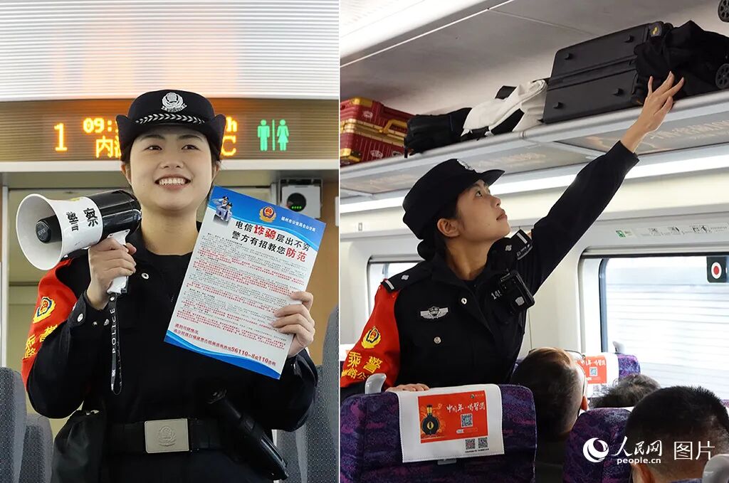 福州铁路公安处乘警支队“小茉莉”女子乘警队队员上官瑜晴正在工作中。人民网 杨灏昱摄