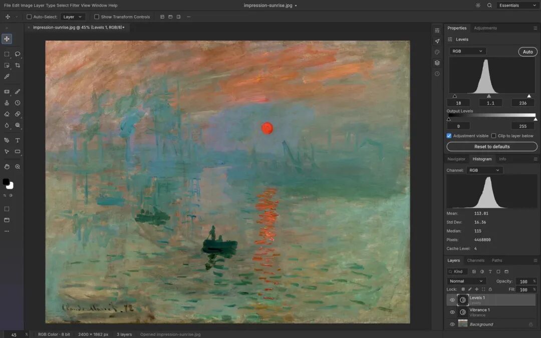 PhotoCraft applying a Levels adjustment layer to Impression, Sunrise with the histogram panel open