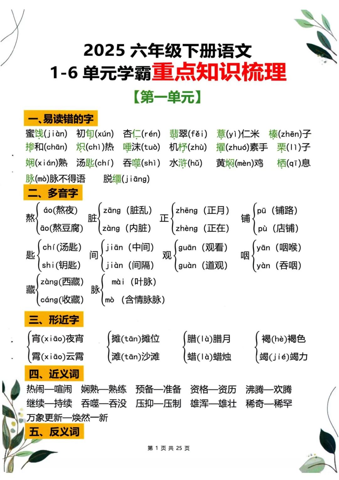 六年级语文知识点归纳整理,2025春小学六年级语文下册《期末复习全册高频必考知识点汇..