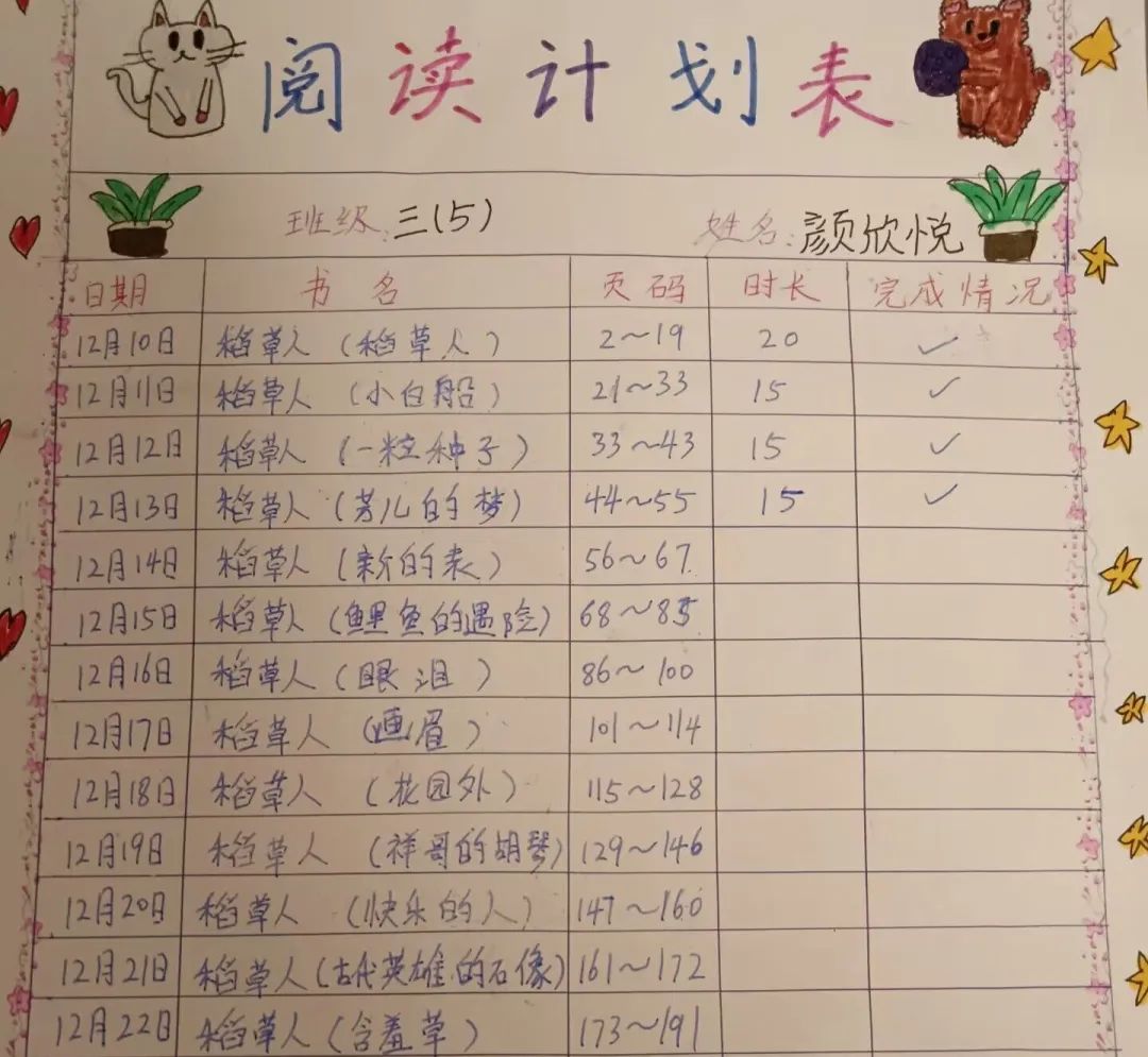 正式阅读前，三年级的同学们根据目录和自己的实际情况制定了阅读计划。