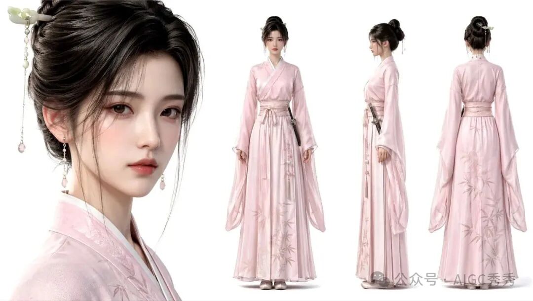 温婉清冷汉服侠女·四视图角色设定（浅粉淡雅） 效果图样例