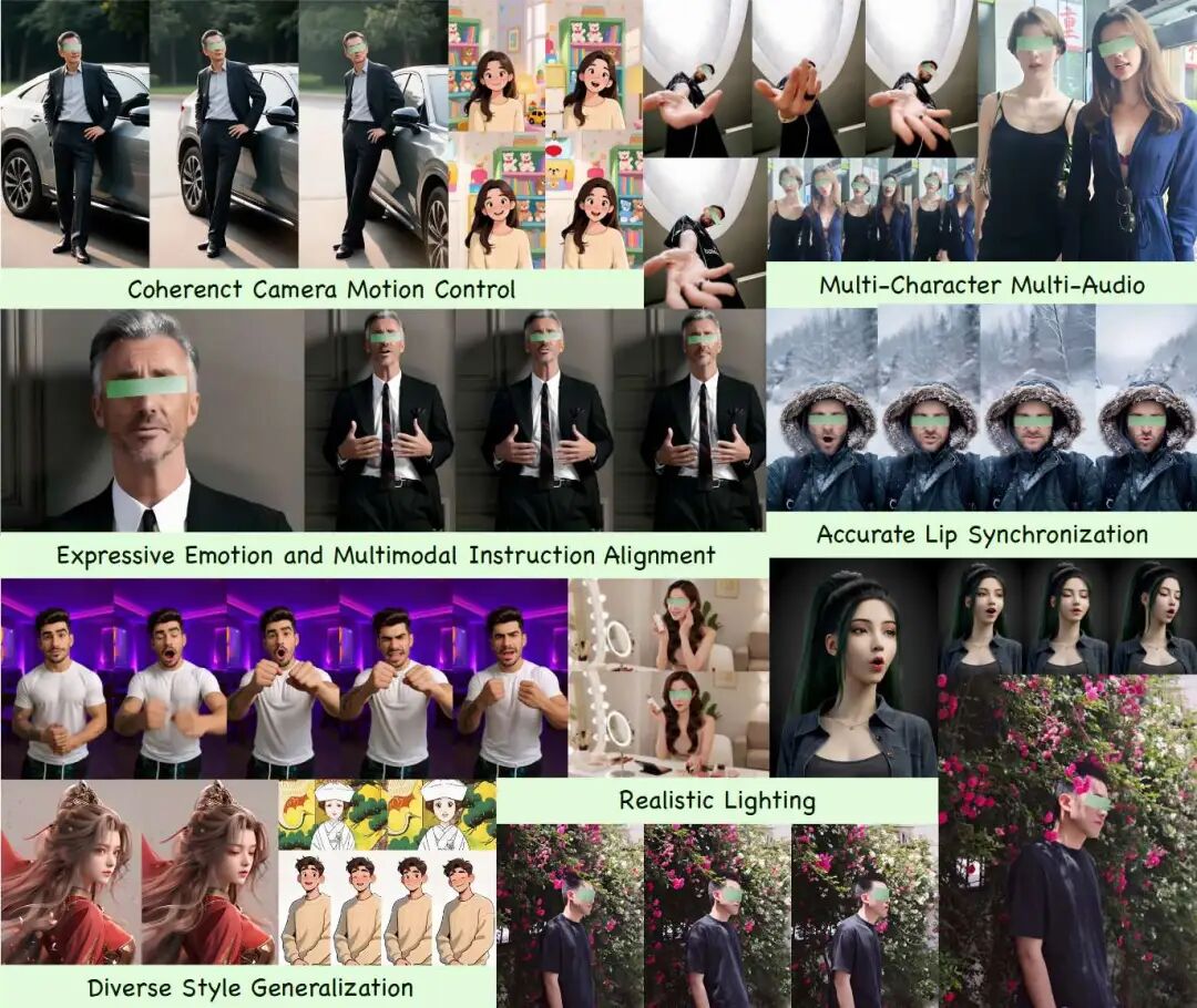 图1 KlingAvatar 2.0生成生动、保持身份的数字人类，具备精准的摄像头控制、丰富的情感表达、高质量的动作以及精准的面部-唇部和音频同步。它实现了音频、图像和文本指令之间的连贯对齐，推广到多种开放域风格，并支持多字符合成和基于身份的音频控制。这些能力得益于我们多模态指令跟随、全向时空级联框架，实现高分辨率、长时长视频生成。