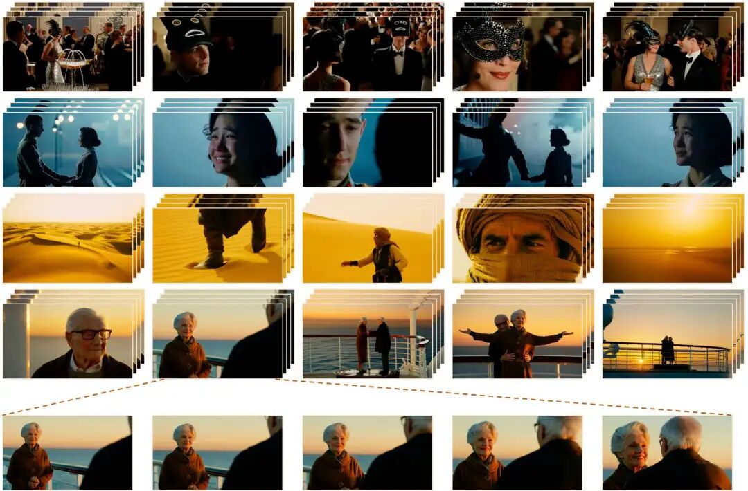 图 1.仅凭文字提示，HoloCine 就能整体生成连贯的电影多镜头视频叙事。图中展示了我们模型的多功能性，包括各种原创场景（前三行）和向《泰坦尼克号》致敬的电影场景（后三行）。所有场景都表现出卓越的角色一致性和叙事连贯性。最后一排的扩展画面展示了流畅的镜头内运动和质量。