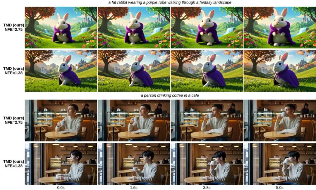 图1。从 TMD 生成示例。使用我们的 TMD 方法（从 Wan2.1 14B T2V 中提取）通过两个文本提示生成四帧 5s 480p 视频，并具有两个不同（有效）数量的功能评估 (NFE)