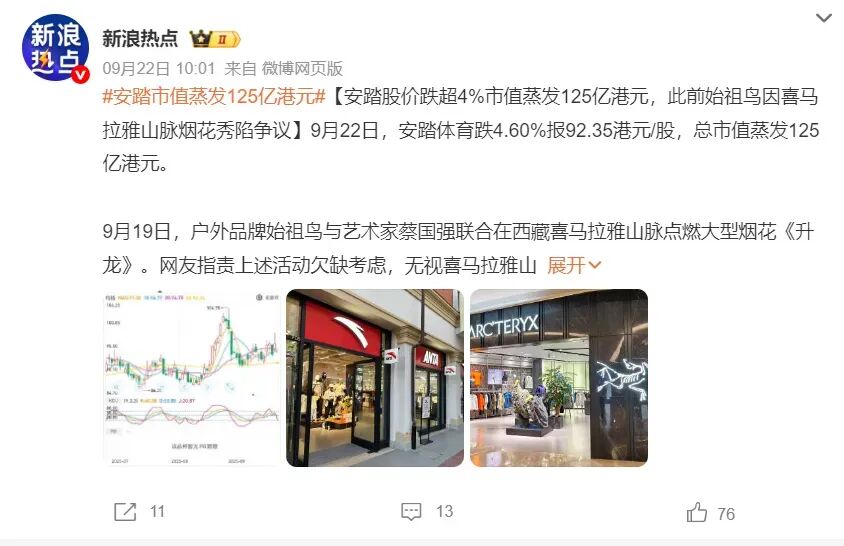 安踏市值蒸发125亿港元,安踏天塌了，一场烟花“炸掉”125亿！