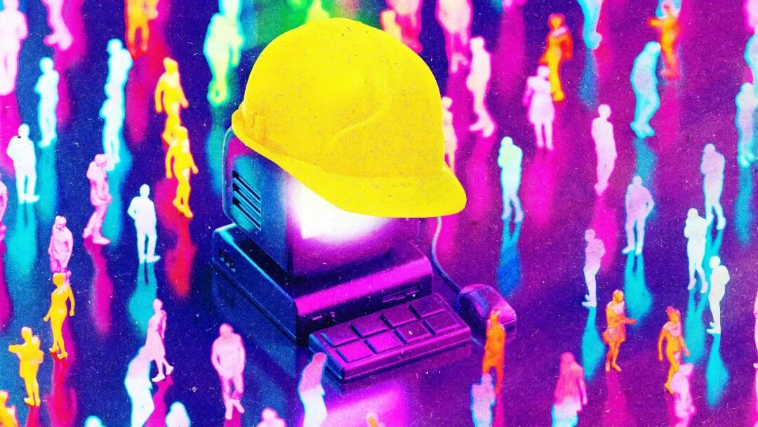 A photo illustration shows a computer with a hardhat, glowing, surrounded by small silhouettes of people.
