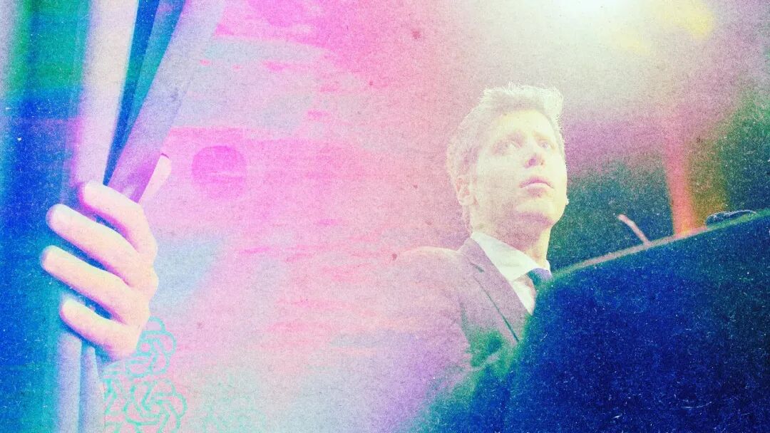 collage of Sam Altman at a podium with a hand pulling back a curtain