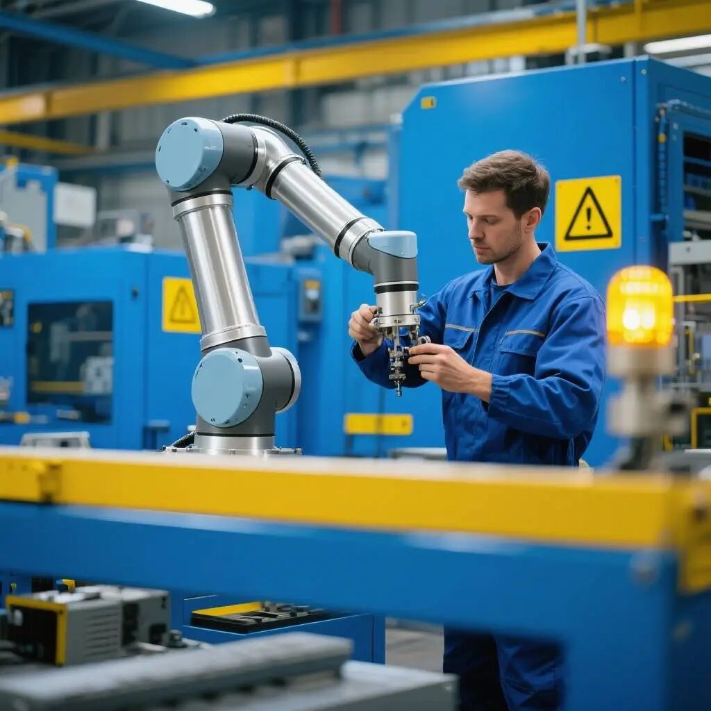 工业机器人维保场景，现代科技风，蓝黄主色调