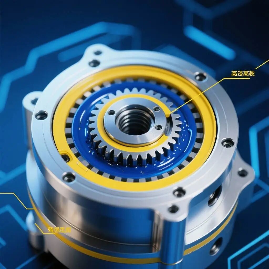 机器人核心零部件，高精度谐波减速器，现代科技风，蓝黄主色调