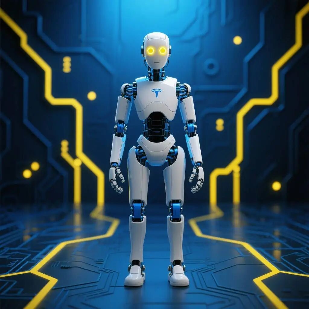 特斯拉Optimus机器人，现代科技风，蓝黄主色调