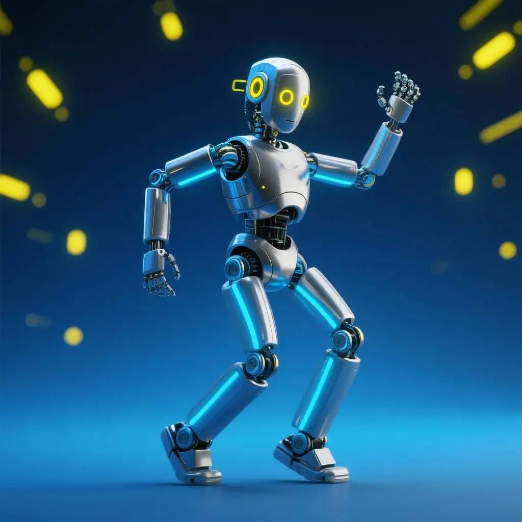 机器人概念炒作，会跳舞的机器人，现代科技风，蓝黄主色调