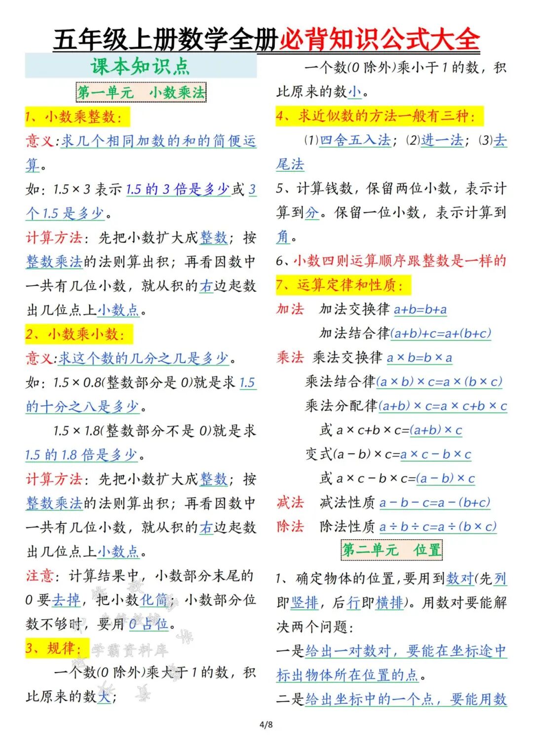 2025年五年级上册数学暑假预习《必背知识公式大全》（共8页），电子版可下载打印