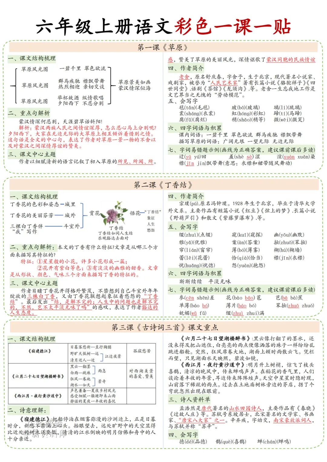 2025年六年级上册语文《彩色课课贴》（共8页），电子版可下载打印