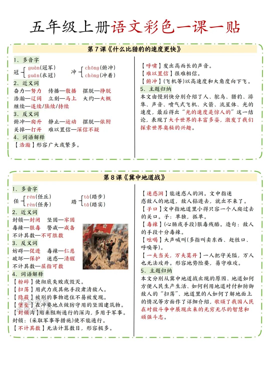2025年五年级上册语文《彩色课课贴》（1-14课共7页），电子版可下载打印