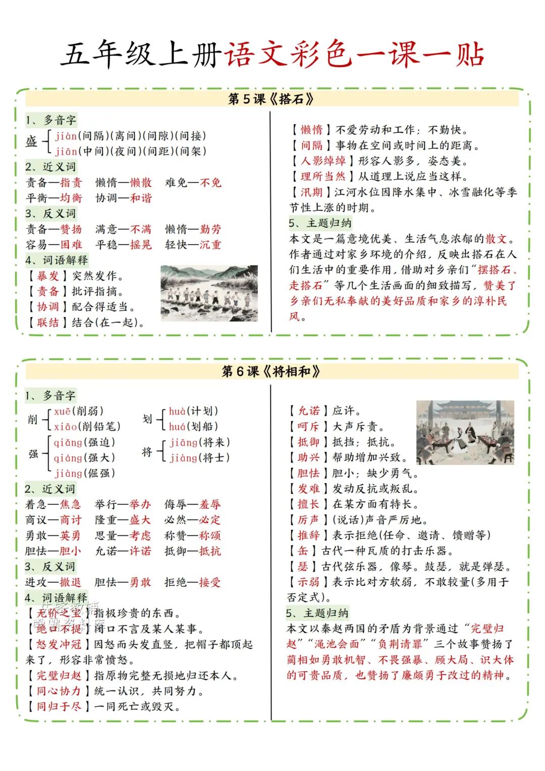 2025年五年级上册语文《彩色课课贴》（1-14课共7页），电子版可下载打印