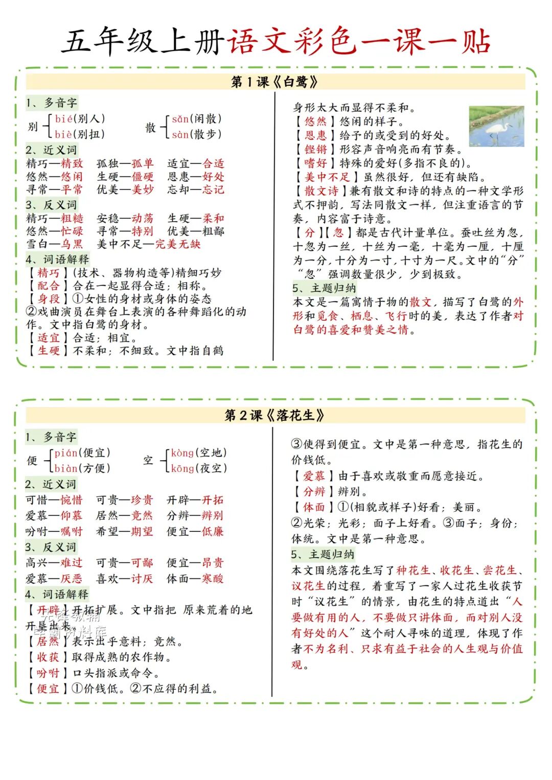 2025年五年级上册语文《彩色课课贴》（1-14课共7页），电子版可下载打印