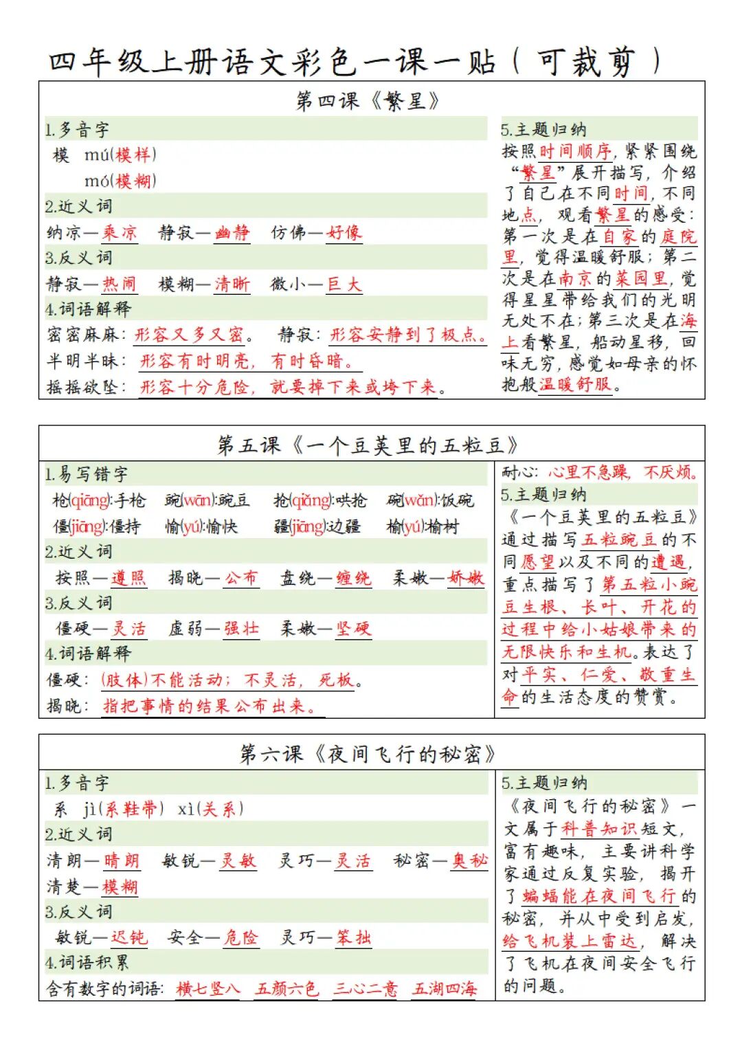 2025年四年级上册语文《彩色课课贴》（共9页），电子版可下载打印