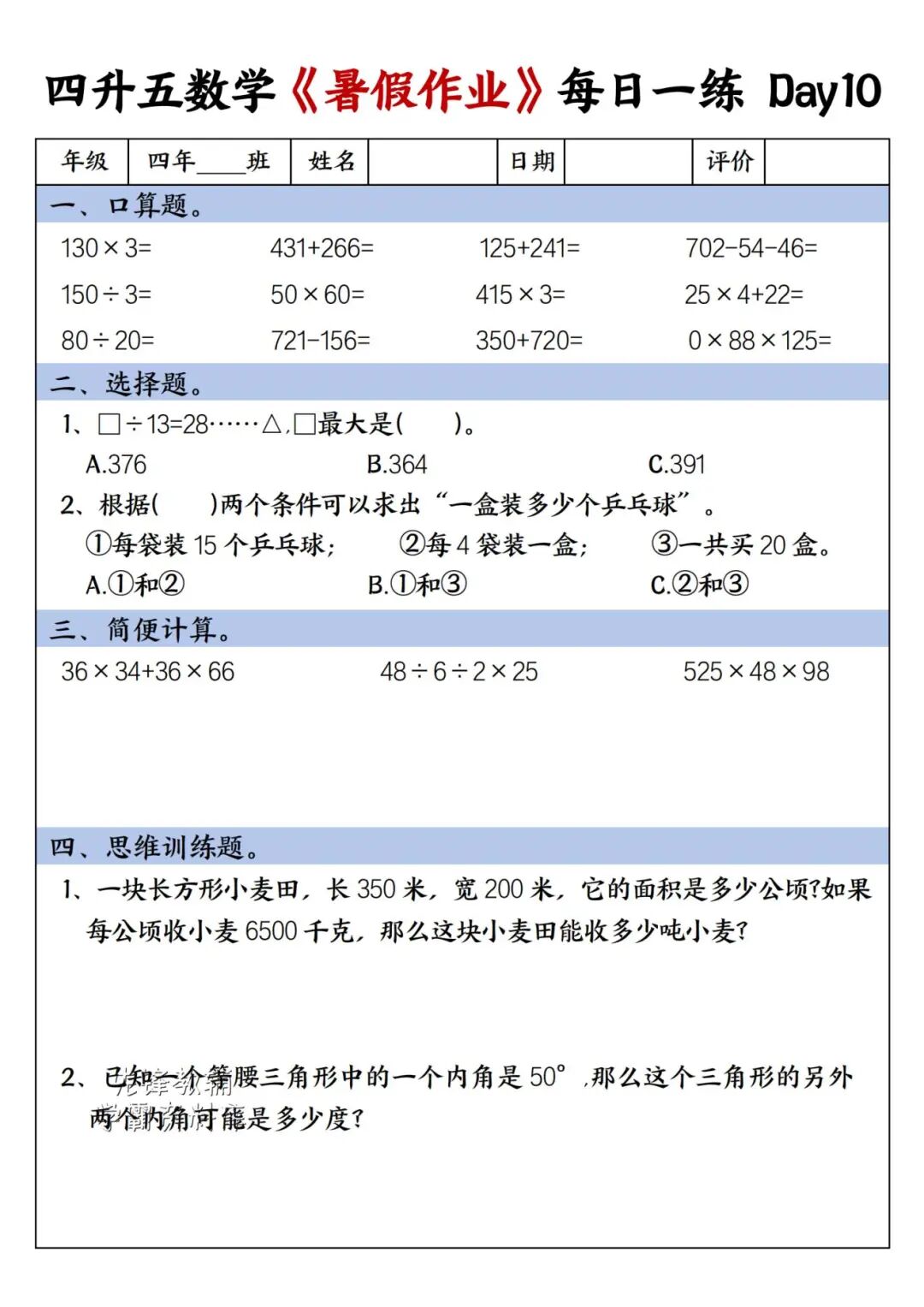 2025年四升五年级数学《暑假作业每日一练》（共30天，附答案），电子版可下载打印