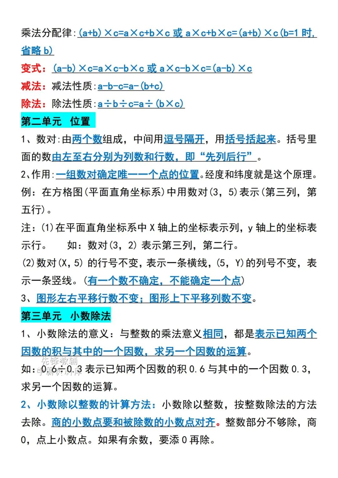 2025年五年级上册数学《重点必背知识点汇总》（共8页），电子版可下载打印