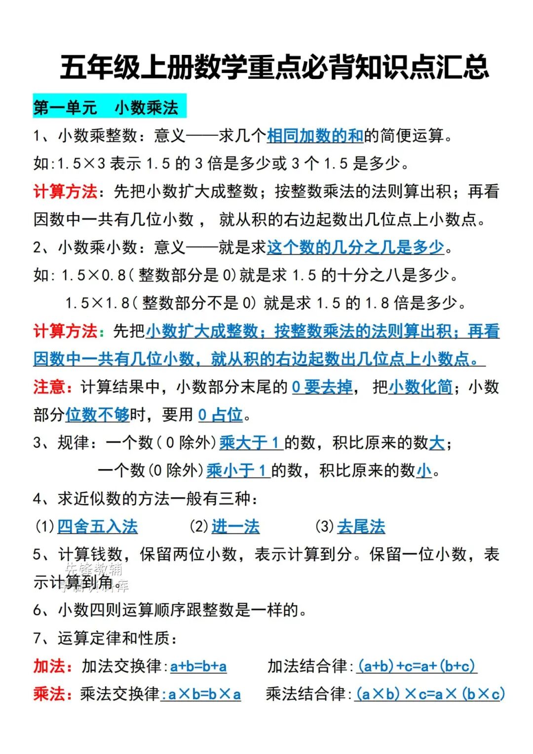 2025年五年级上册数学《重点必背知识点汇总》（共8页），电子版可下载打印